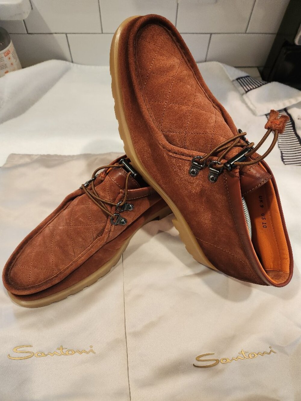 Santoni Suede Quilted Chukka Boots Orange Lining Brown US 10 / UK 9